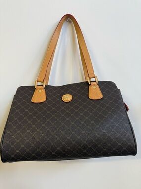 Rioni Brown Monogram Leather Shoulder Bag with Tan Handles